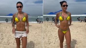 Rayane Figliuzzi aproveita dia de sol com o filho e esbanja estilo na praia